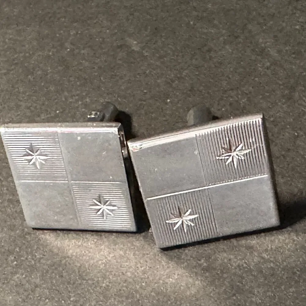 Vintage Silver Tone Cufflinks 3/4” Square in Square Starburst Design